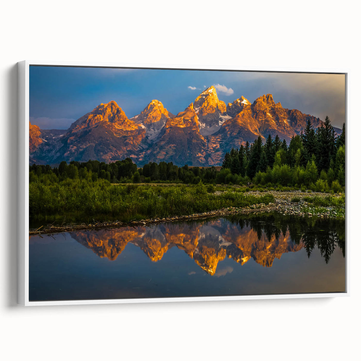 Vintage poster art of Grand Tetons with vibrant colors on a framed canvas, suitable for living room decor.