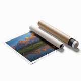 Extra large rolled print of Grand Tetons scenery with muted earth tones, ideal for classy bathroom wall art.