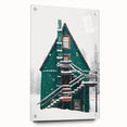 Large abstract wall art on acrylic glass depicting winter scene in muted blue and white.