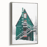 Winter landscape art painting on framed canvas, featuring muted blue and white tones, suitable for living room decor.