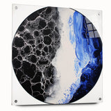 Abstract geometric acrylic glass design showcasing vibrant colors and intricate patterns, viewed from the side with visible pins, ideal for modern home decor.