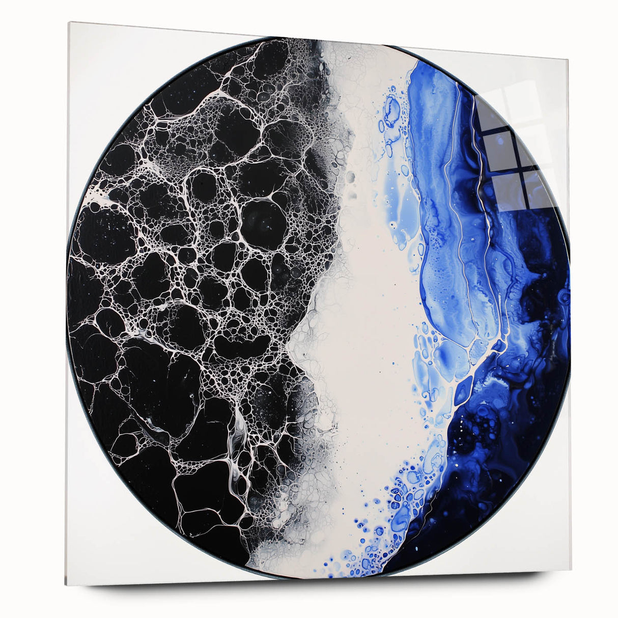 Abstract geometric acrylic glass design showcasing vibrant colors and intricate patterns, viewed from the side. Ideal for modern decor, this piece enhances any contemporary space with its unique style and artistic flair.