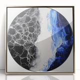Framed abstract geometric art piece with a gold acrylic finish, showcasing intricate shapes and vibrant colors, perfect for modern home decor and artistic expression.