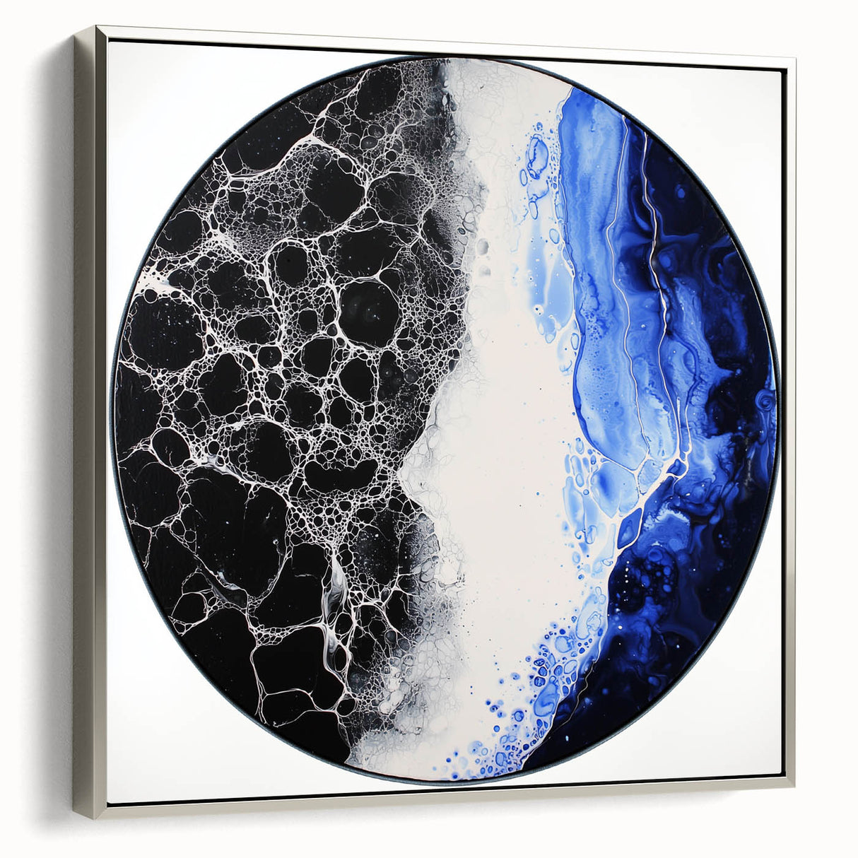 Abstract geometric framed canvas artwork with silver accents, showcasing a modern design in a side view. Ideal for contemporary home decor, enhancing wall aesthetics.