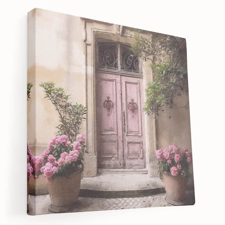 Side view of a French door architecture canvas, with subtle earth tones, ideal for kitchen wall art.