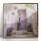 Mid-century modernist style framed acrylic print of a Greek door in gold tones, ideal for modern art wall decor.