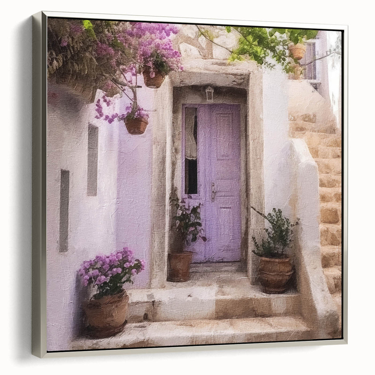 Framed canvas of a vintage poster featuring a black and colorful Greek door, ideal for adding character to a living room.