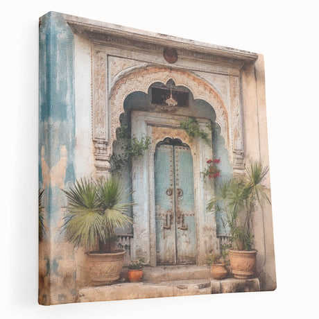 Indian architecture door design on stretched canvas, showcasing rich earth tones, ideal for kitchen wall art.