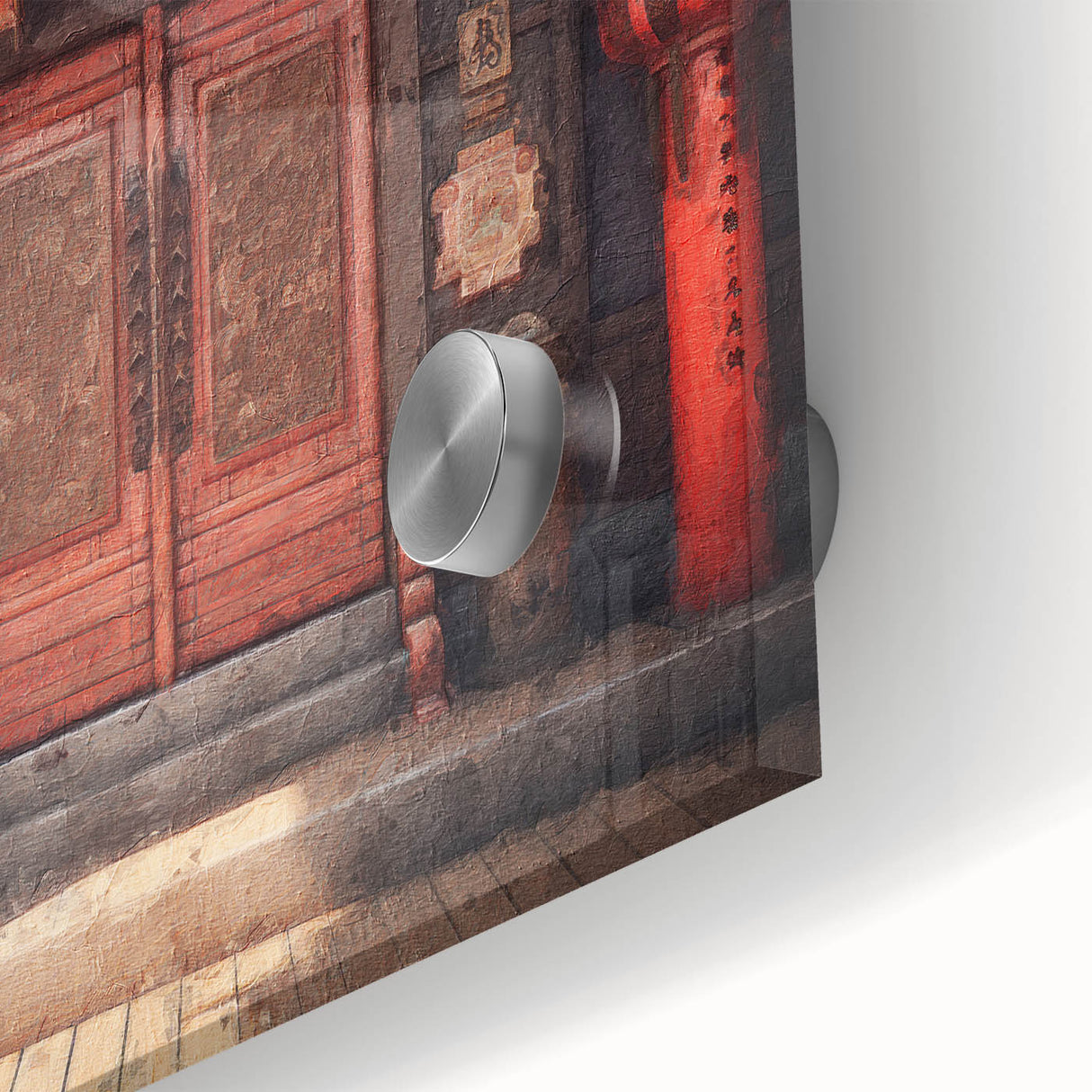 Mid-century modernist acrylic glass art featuring a close-up of a Japanese door in earth tones, ideal for dining room art.