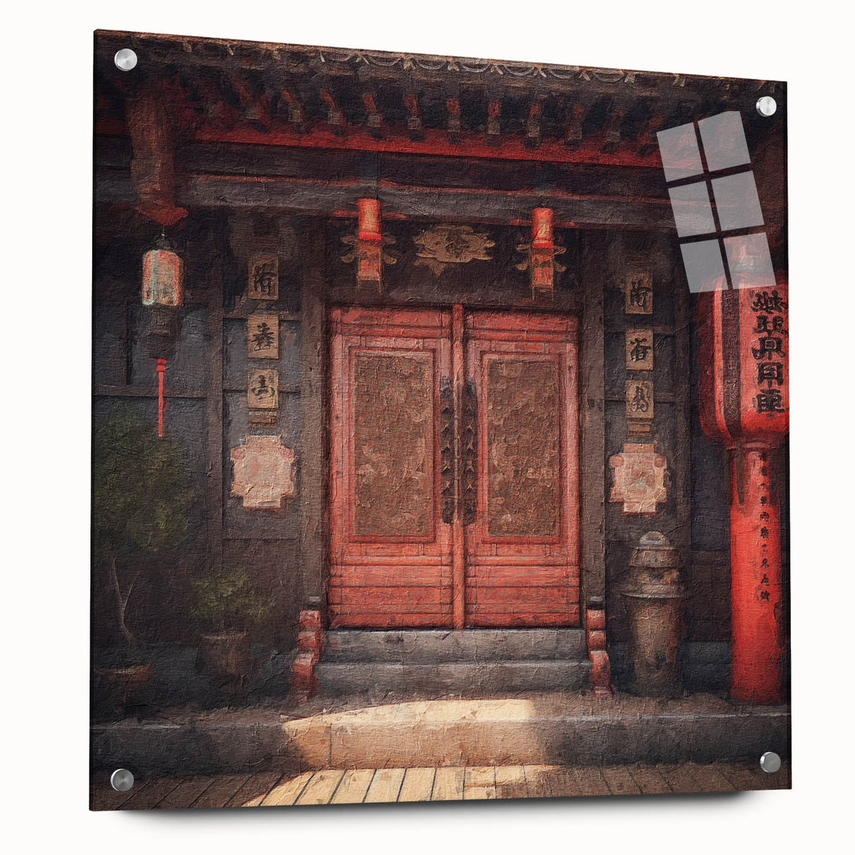 Acrylic print of a Japanese door design in neutral tones, suitable for bedroom or dining room decor.
