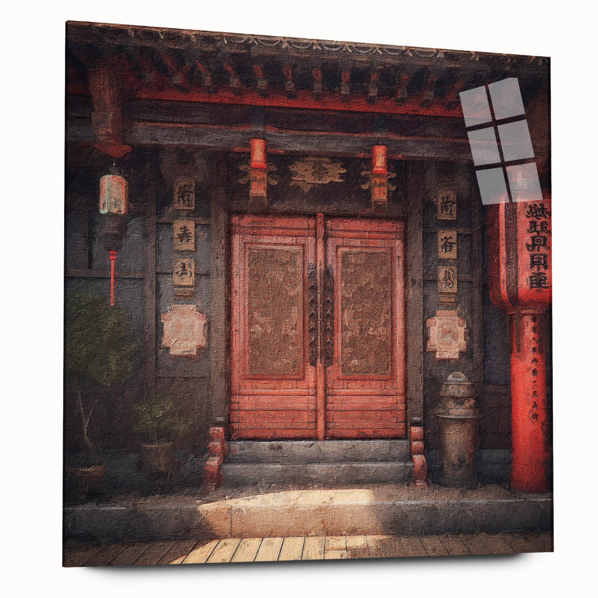 Large abstract wall art of a Japanese door in muted earth tones on acrylic glass, ideal for bedroom or dining room decor.