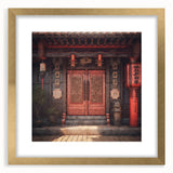 Extra large abstract art print of a textured Japanese door, in gold frame, suited for living room decor.
