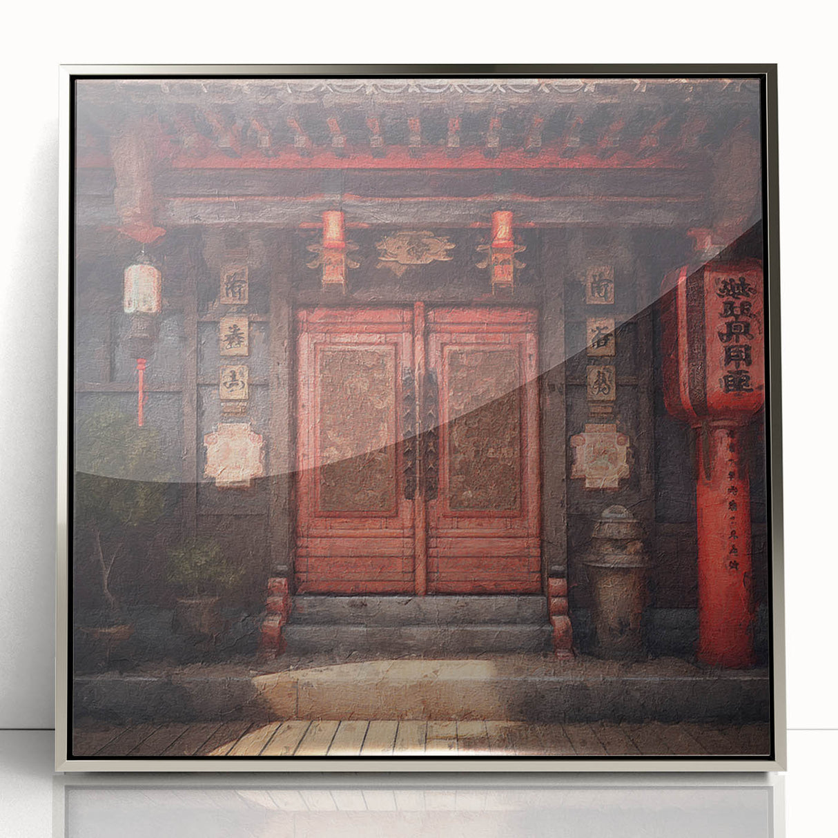 Mid-century modernist art depicting a Japanese door in muted earth tones on a framed acrylic panel.