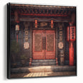 Black and white vintage poster art of a Japanese door, framed canvas, ideal for bedroom wall decor.
