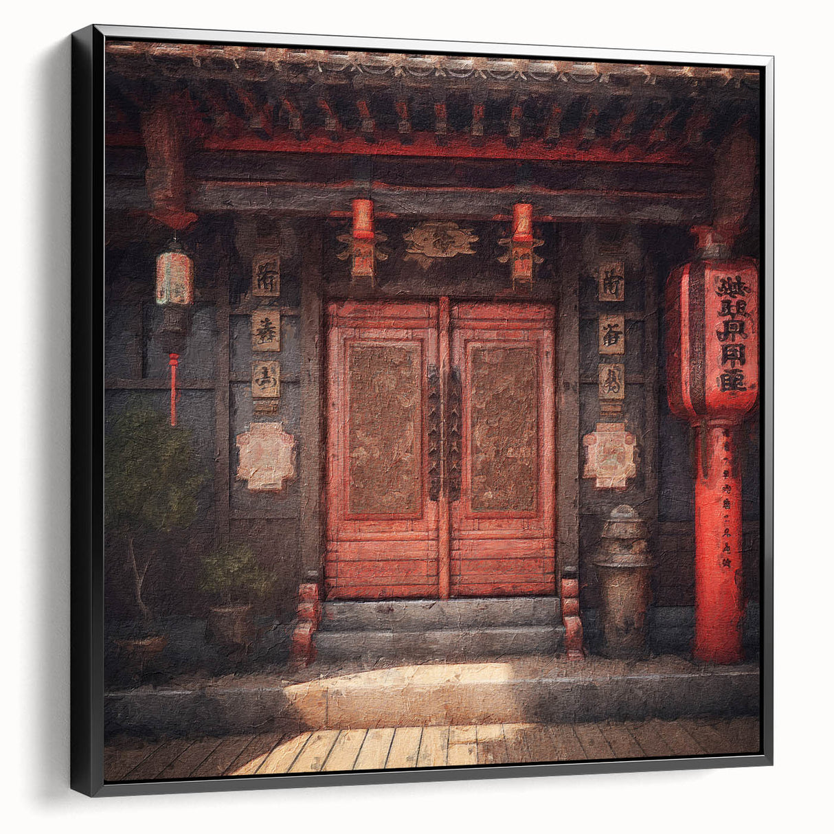 Black and white vintage poster art of a Japanese door, framed canvas, ideal for bedroom wall decor.