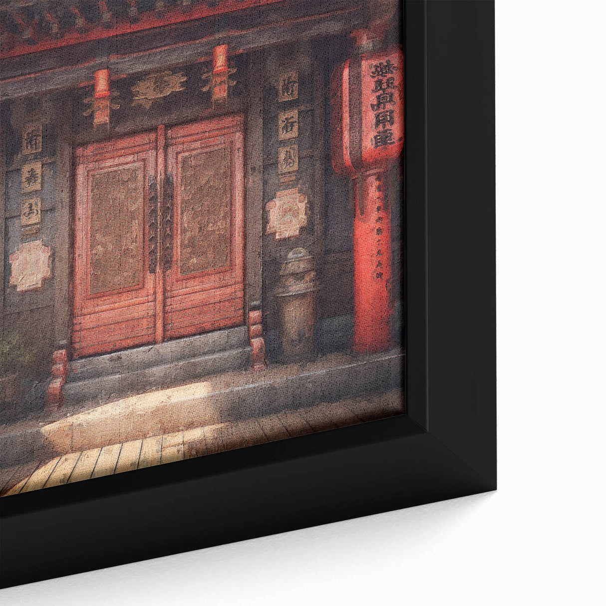 Close-up of a black framed canvas featuring a textured, colorful Japanese door design, ideal for living room decor.