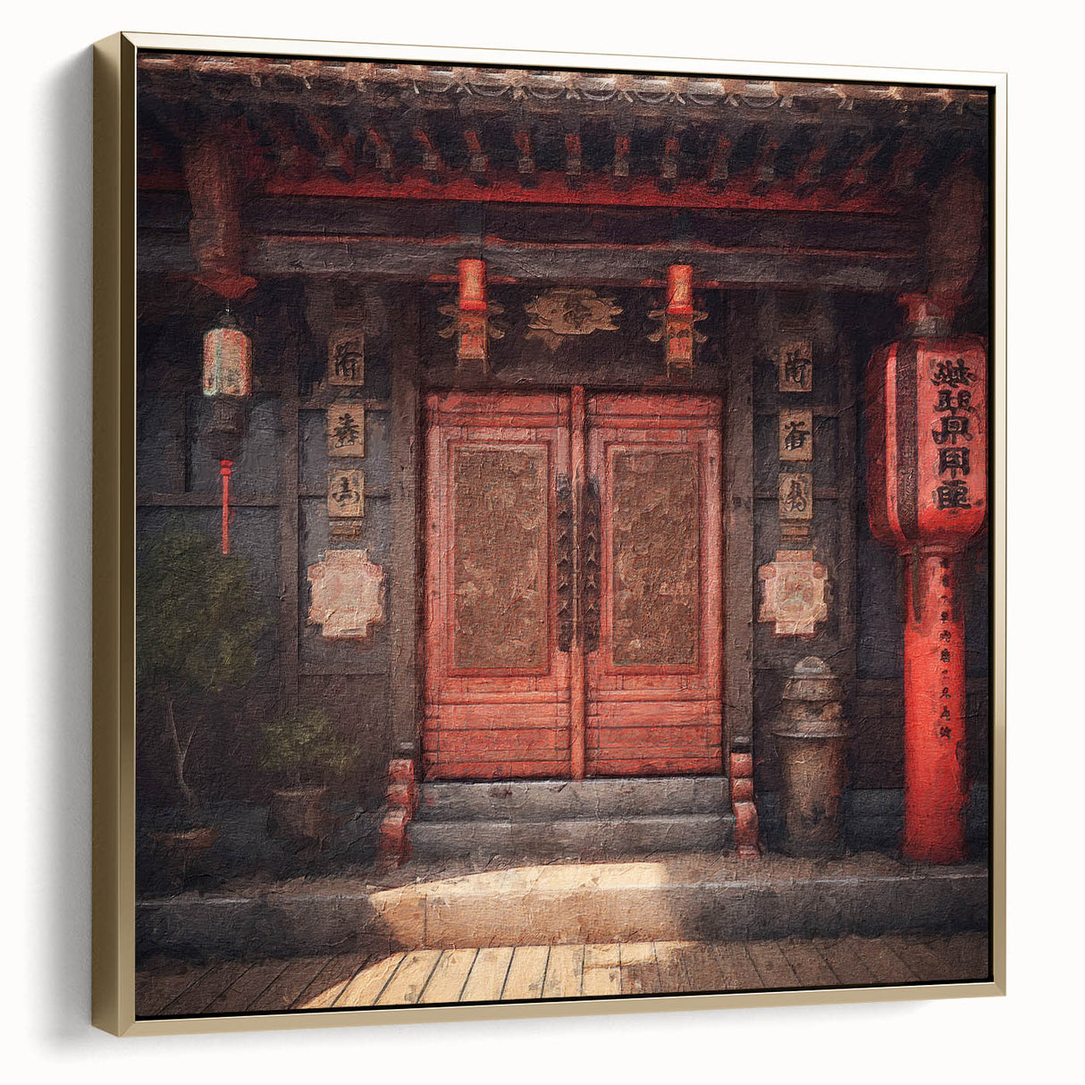 Framed canvas featuring a vintage Japanese door design in silver and gold, ideal for bedroom wall art.