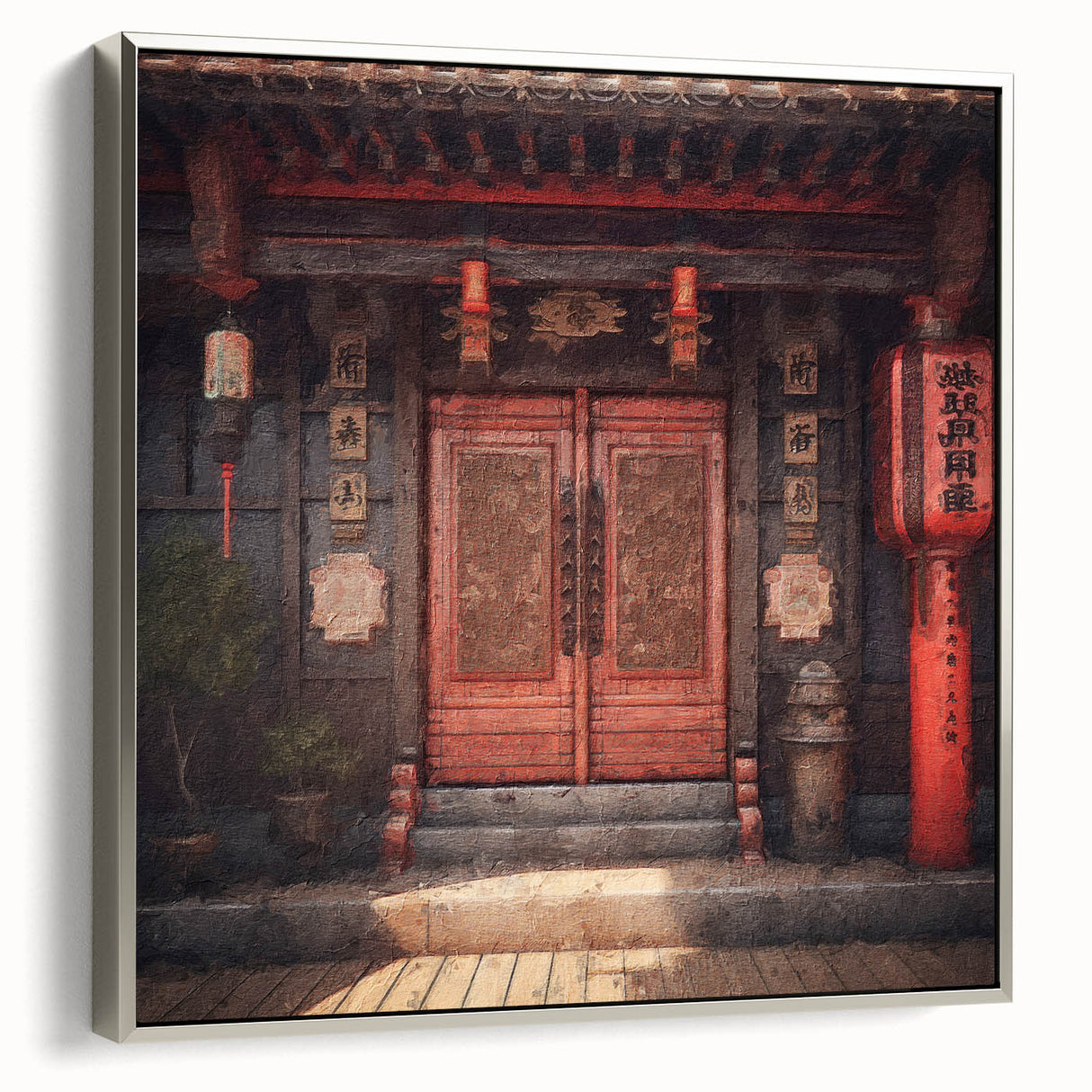 Framed canvas featuring a Japanese door in muted earth tones, ideal for adding a vintage touch to any room.