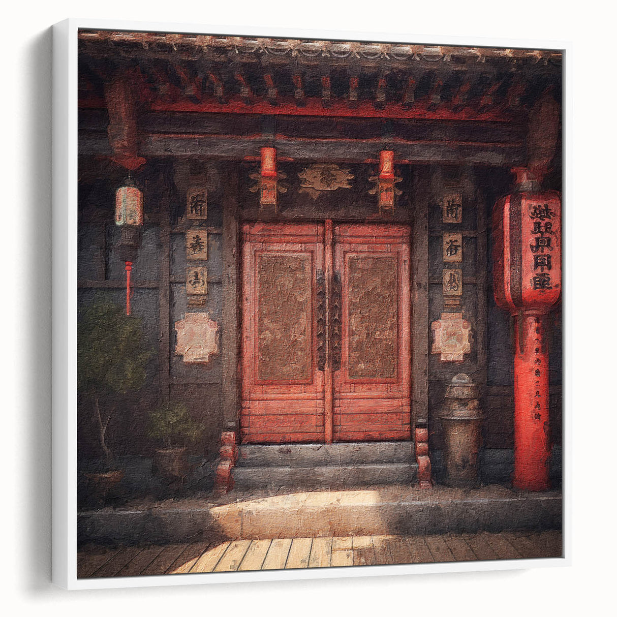 Vintage poster art of a Japanese door on a framed canvas, featuring black and colorful art, ideal for living room decor.