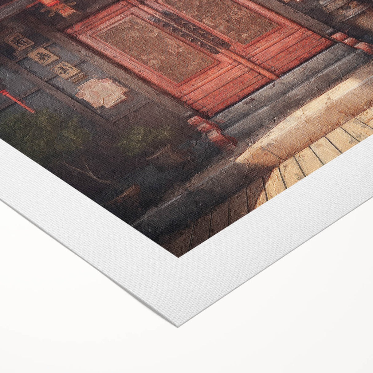 Art deco poster of a Japanese door design in muted earth tones on rolled canvas, suitable for dining room decor.