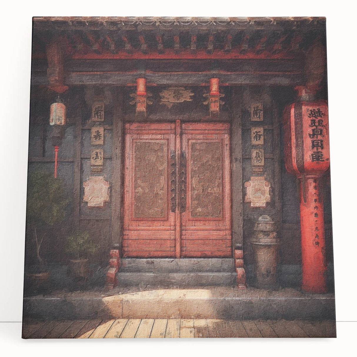 Black and white photo of a Japanese door design on stretched canvas, suitable as kitchen wall art or for bedroom ambiance.