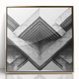 Large art print of a mid-century modernist cityscape in muted gold and gray tones on framed acrylic.