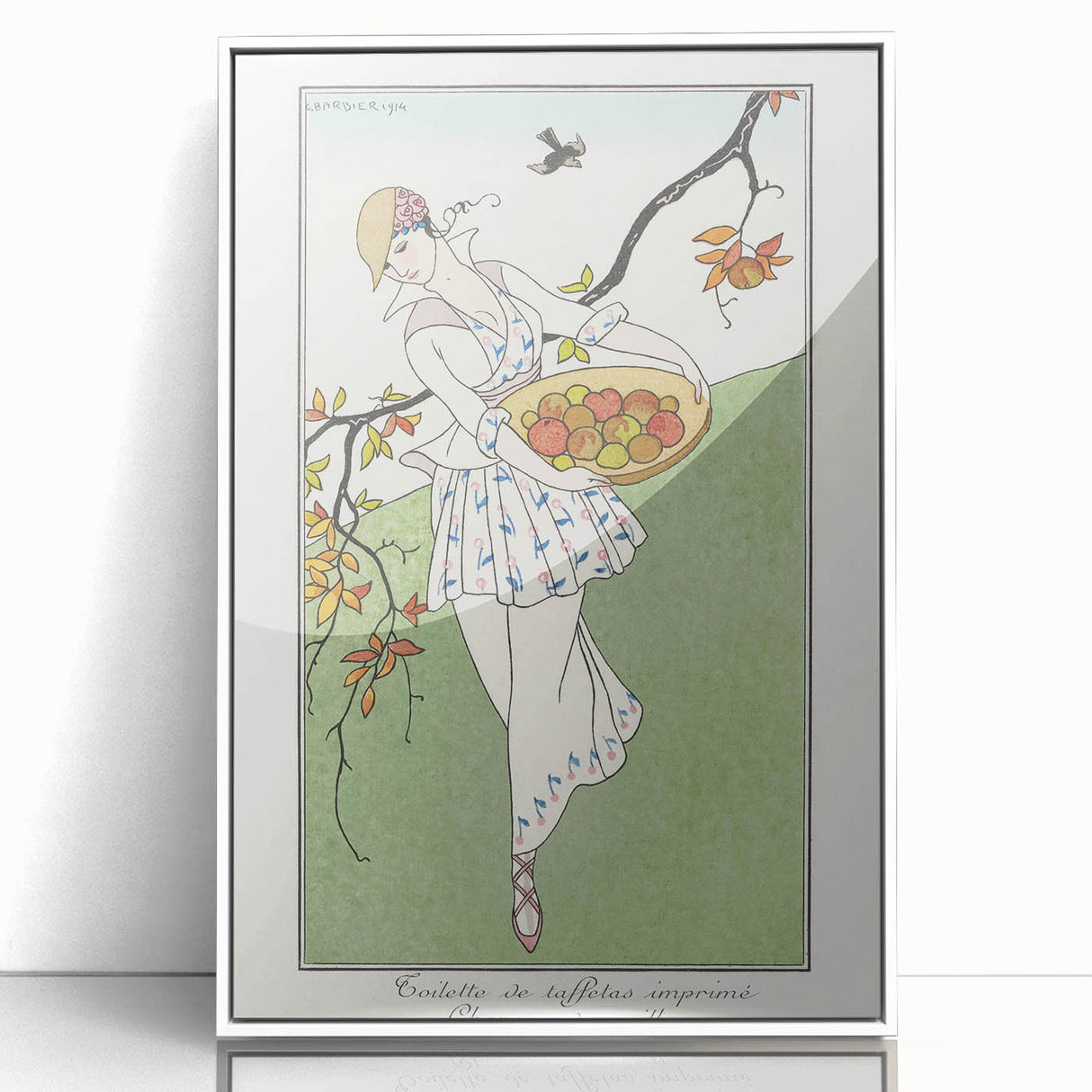 Charming Art Deco Wall Art – Woman with Basket of Apples in Nature