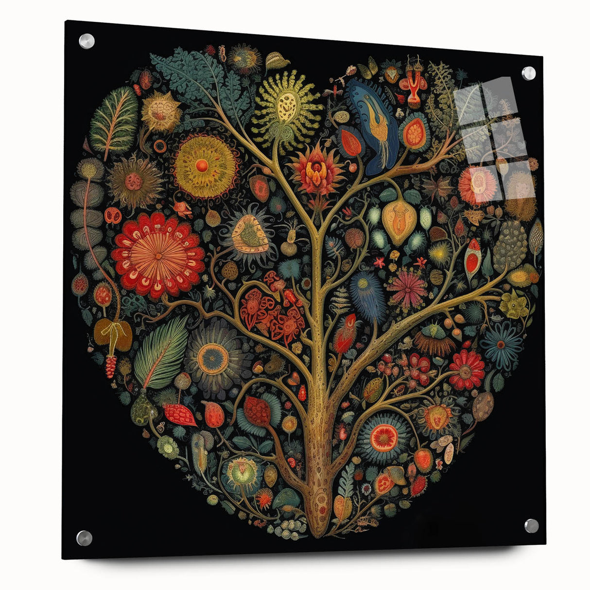Acrylic wall art showcasing an elegant floral design with vibrant colors and intricate details, displayed from a side view with decorative pins for easy mounting.