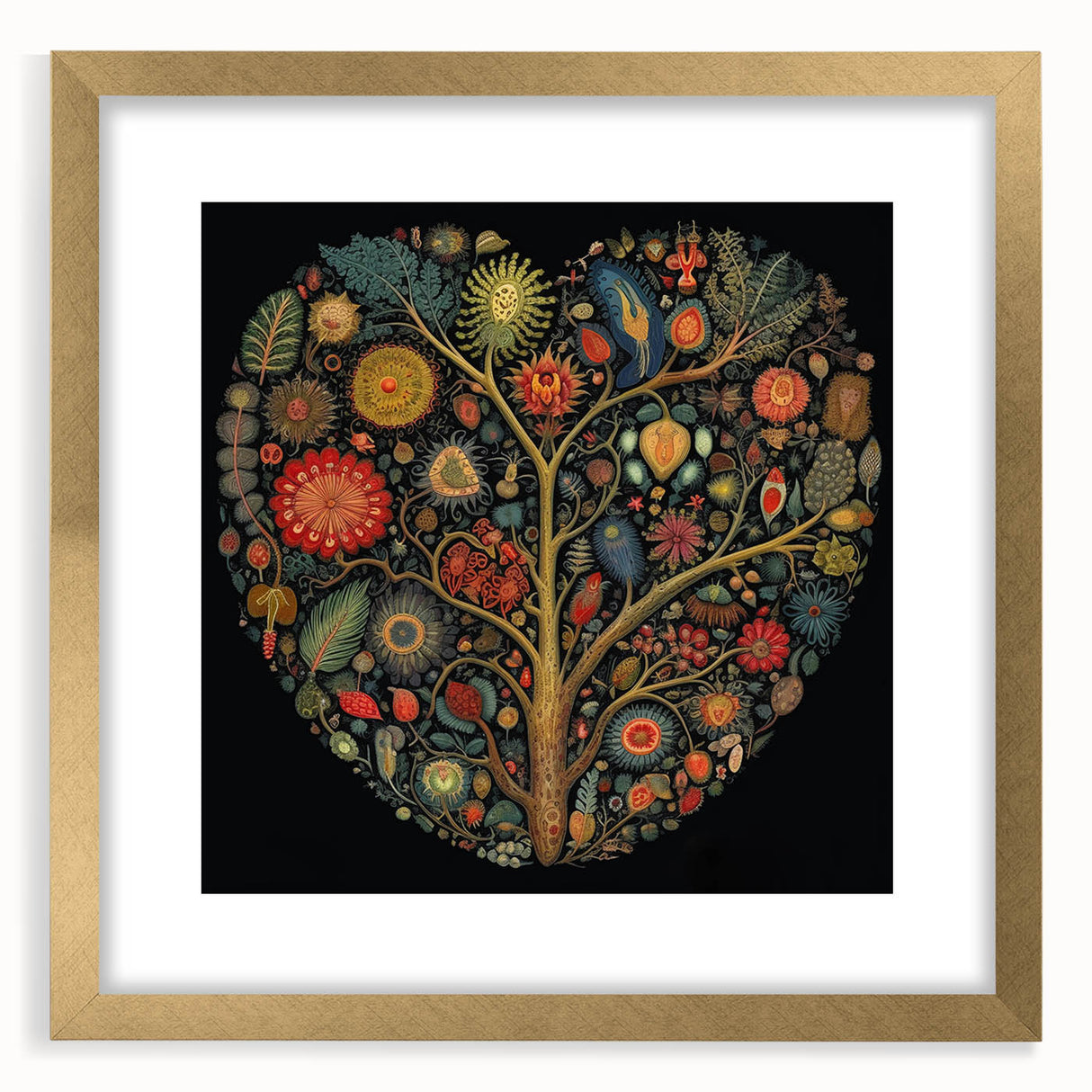 Elegant wall art frame showcasing floral and botanical leaves design with a gold mat, perfect for home decor, adding a touch of sophistication to any space.