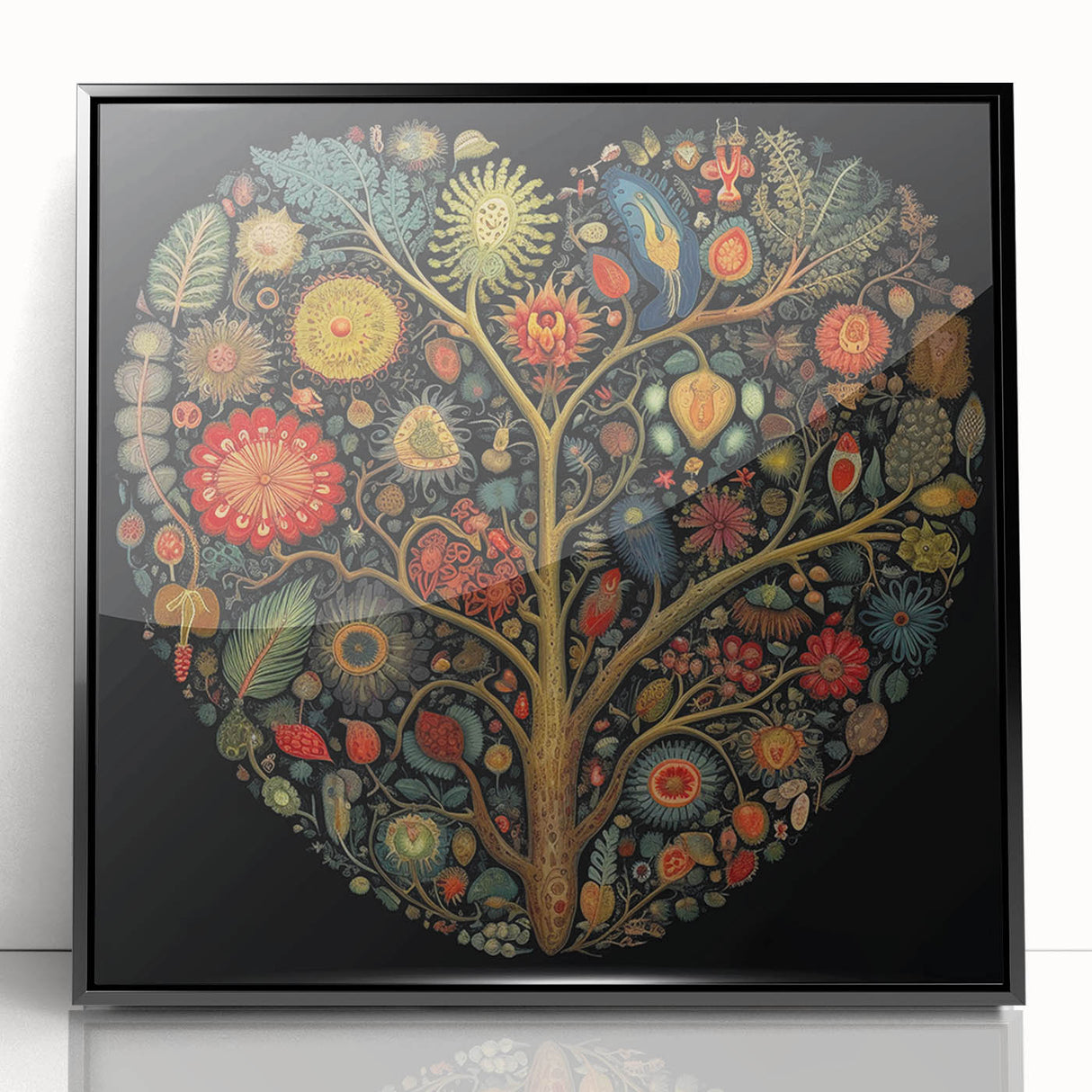 Framed black acrylic wall art featuring a vibrant floral and botanical design, showcasing colorful flowers and green leaves, perfect for home decor.