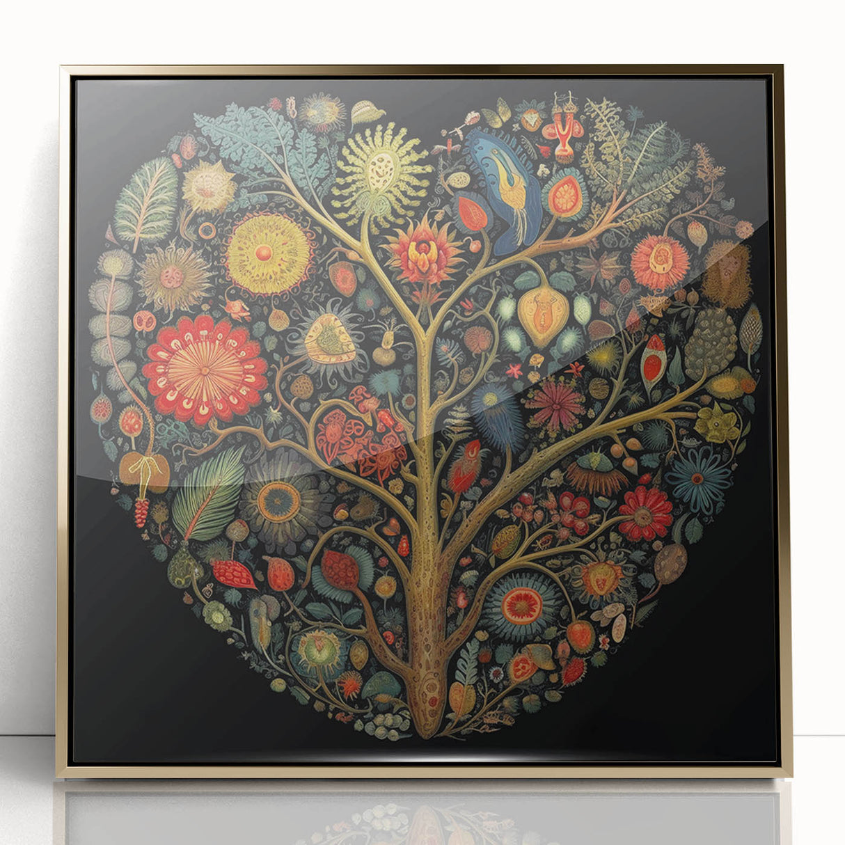 Framed acrylic wall art showcasing vibrant flowers and botanical leaves against a gold backdrop, enhancing modern decor with elegance and style.