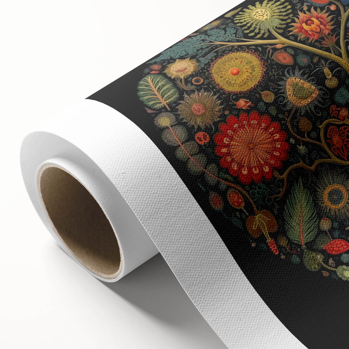 Rolled canvas showcasing a vibrant floral and botanical wall art design, featuring intricate details of colorful flowers and lush leaves, ideal for home decor.