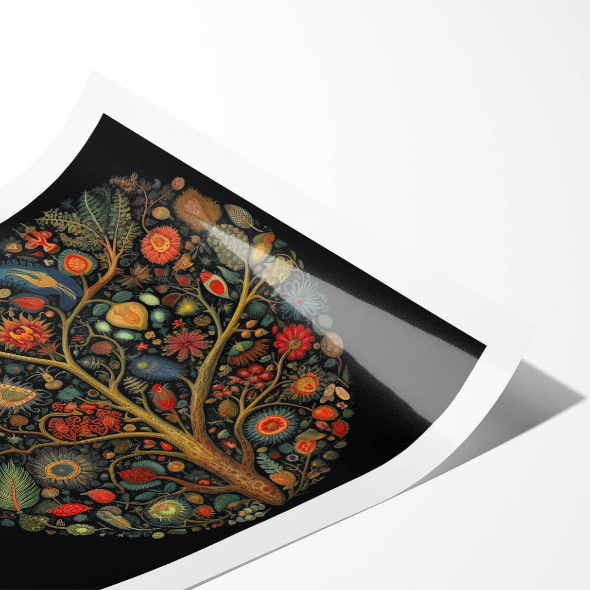 Vibrant rolled wall art print showcasing a botanical design with colorful flowers and leaves, perfect for home decor, elegantly packaged in a protective tube.