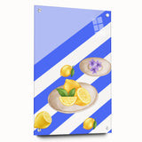 Large abstract wall art featuring assorted fruits in vibrant colors on acrylic glass, ideal for dining room decor.