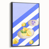 Black and white wall art featuring a vintage poster of assorted fruits, framed canvas, ideal for bedroom decor.