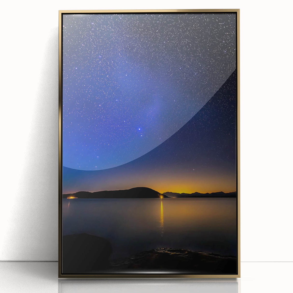 Framed acrylic art piece showcasing a modern gold design, elegantly displayed in a sleek landscape format, ideal for contemporary home decor.