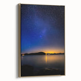 Framed landscape canvas art showcasing a stunning mountain view with gold accents, ideal for modern home decor and wall embellishments, adding elegance and warmth.