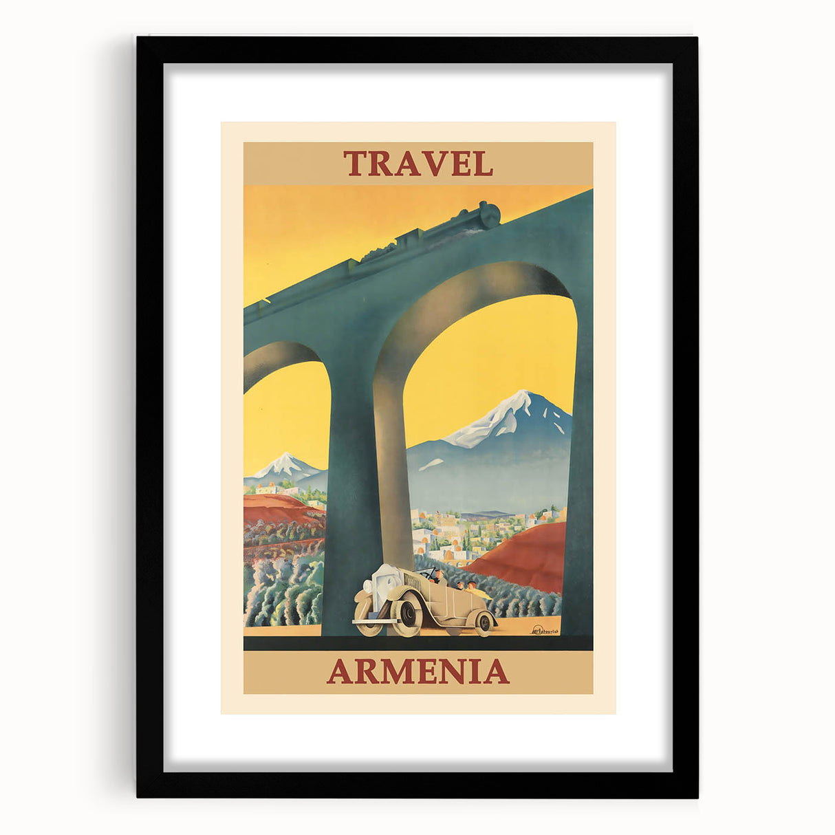 Armenia Retro Travel Poster | Vintage Mountain and Car Print
