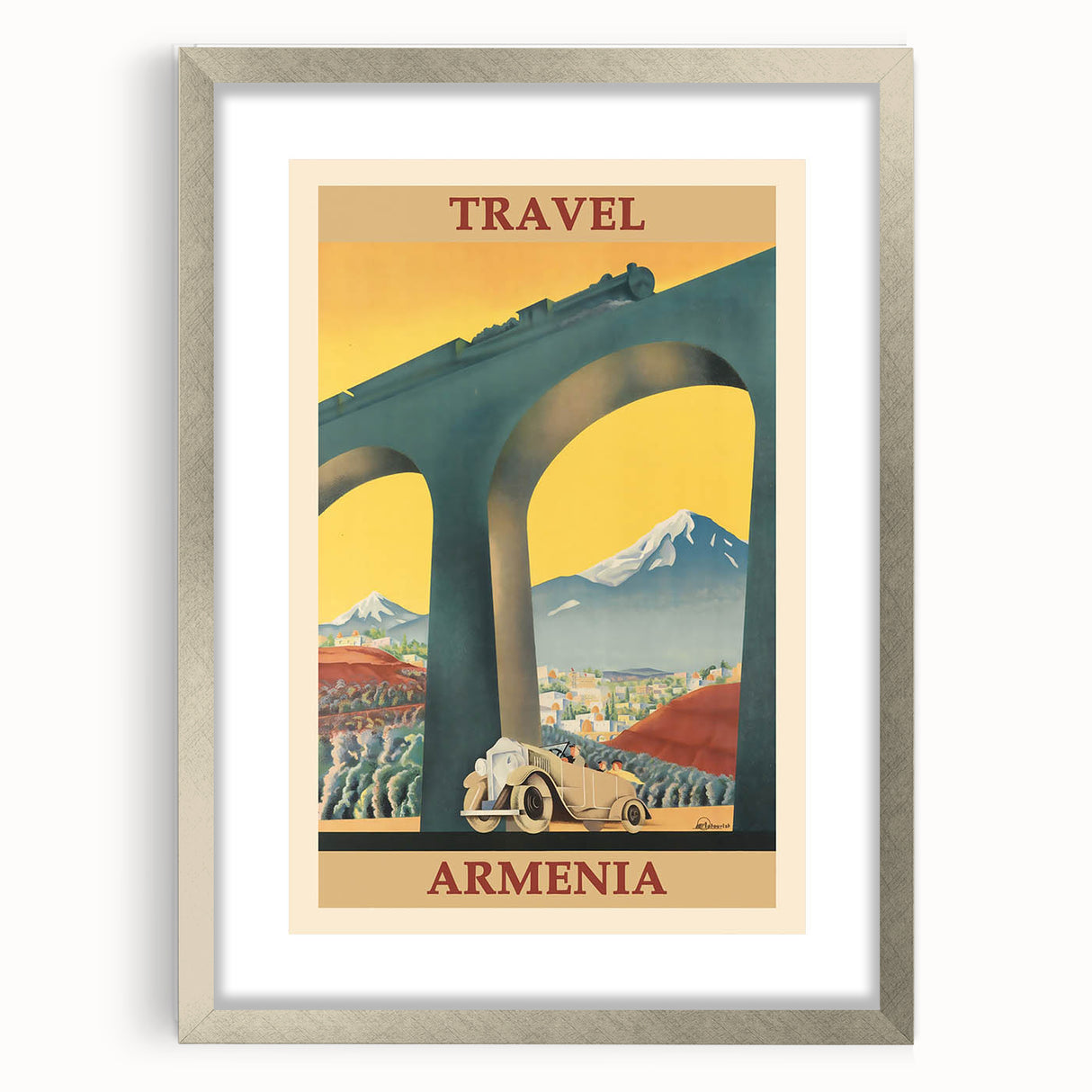 Armenia Retro Travel Poster | Vintage Mountain and Car Print