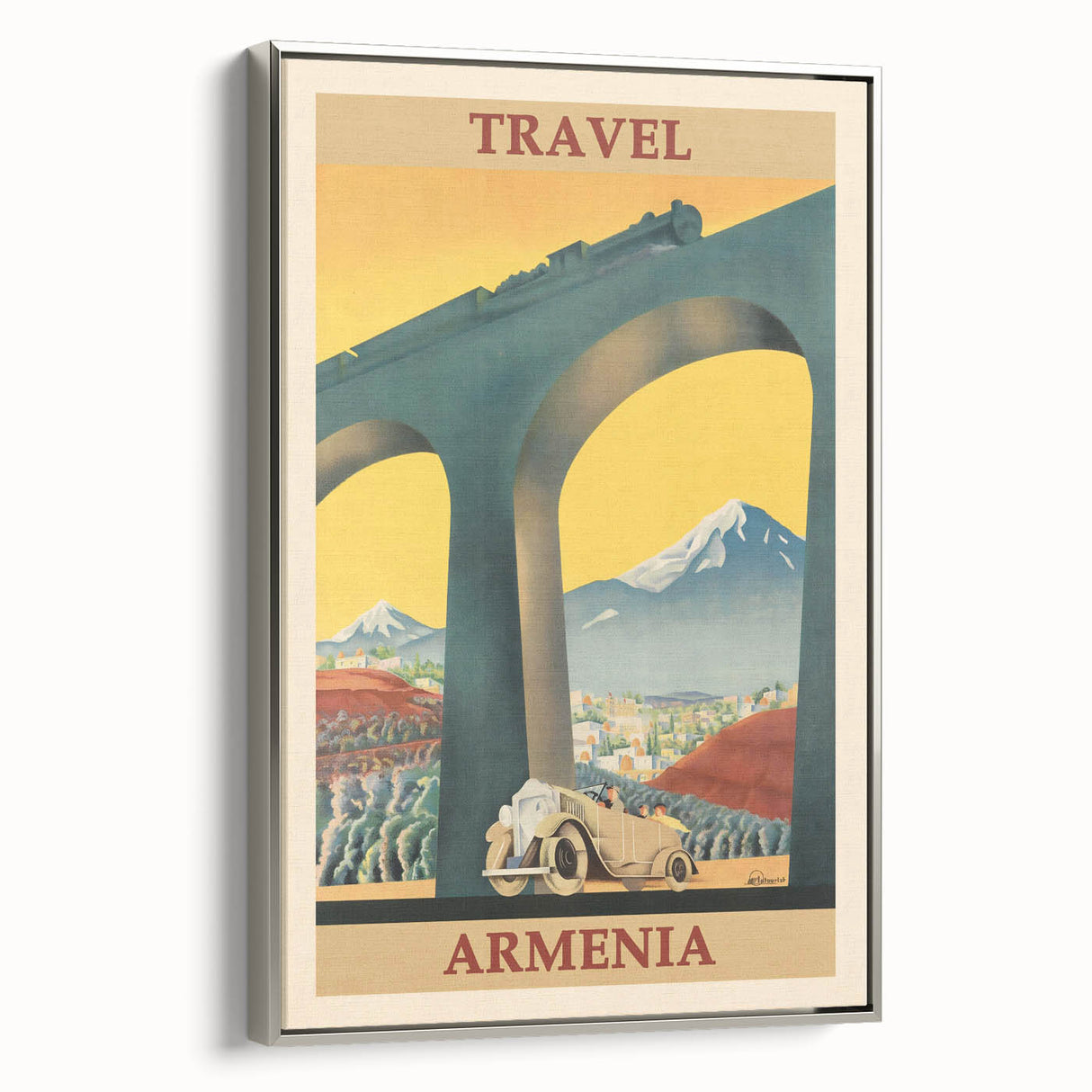 Armenia Retro Travel Poster | Vintage Mountain and Car Print
