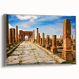 Vintage poster art of an Algerian landscape on framed canvas, featuring a colorful palette, ideal for living room decor.