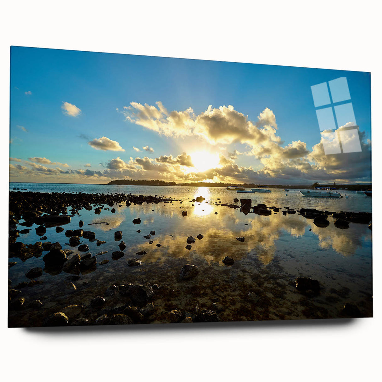 Large abstract wall art depicting a serene Mauritian landscape in muted blues and greens on acrylic glass.
