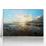 Framed acrylic print of a Mauritius landscape in mid-century modernist style, featuring muted earth tones.