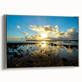 Vintage poster art of a colorful Mauritius scenery on extra-large framed canvas, ideal for living room decor.