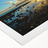 Art deco poster of a serene Mauritius landscape in muted green and blue tones on rolled canvas.