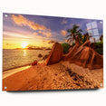Acrylic print of Seychelles scenery with vibrant blue and green tones, ideal for dining room decor.