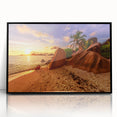 Large abstract wall art depicting a serene Seychelles landscape in muted earth tones on a framed acrylic panel.