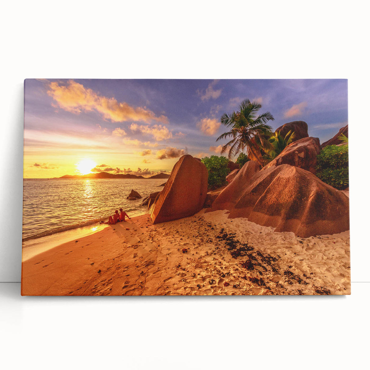 Black and white photo of Seychelles landscape on large stretched canvas, suitable as kitchen wall art.