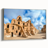 Framed canvas landscape art painting of a Tunisian scenery in muted earth tones.