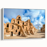 Framed canvas of a vintage poster depicting a Tunisian landscape in vibrant colors, ideal for living room decor.